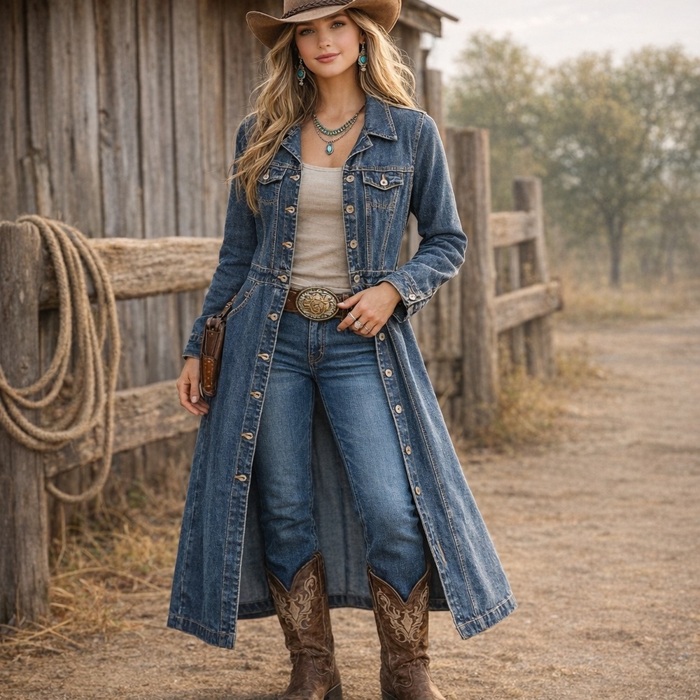 Mavi denim duster/coat metal button front dark wash cowgirl western country
